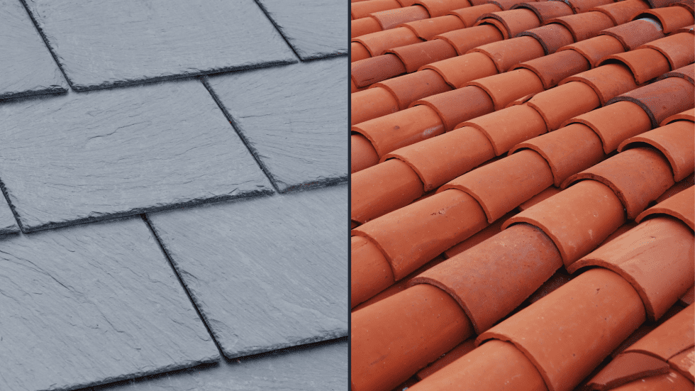 Slate and clay roof tiles side by side